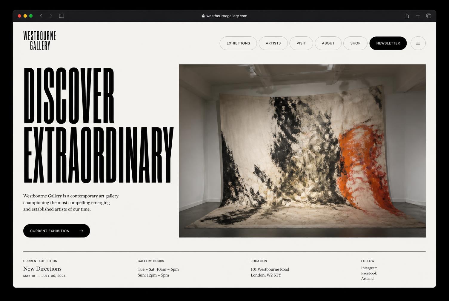 Homepage design for Westbourne Gallery, a contemporary art gallery