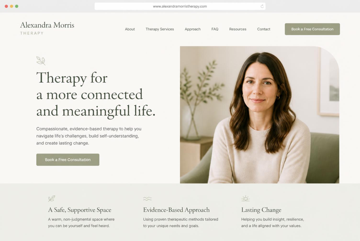 Homepage design for Alexandra Morris therapy practice