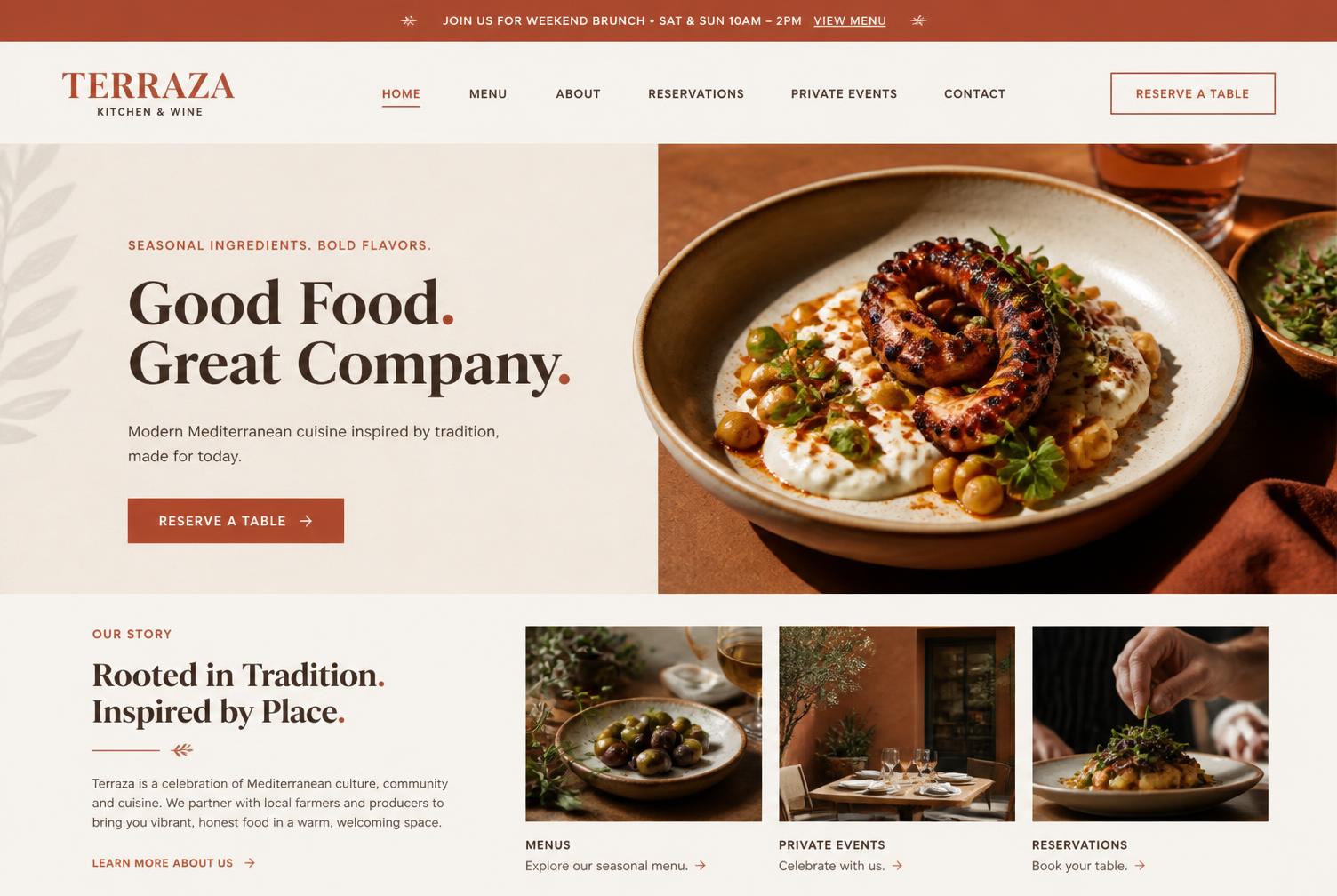 Homepage design for Terraza Kitchen & Wine restaurant